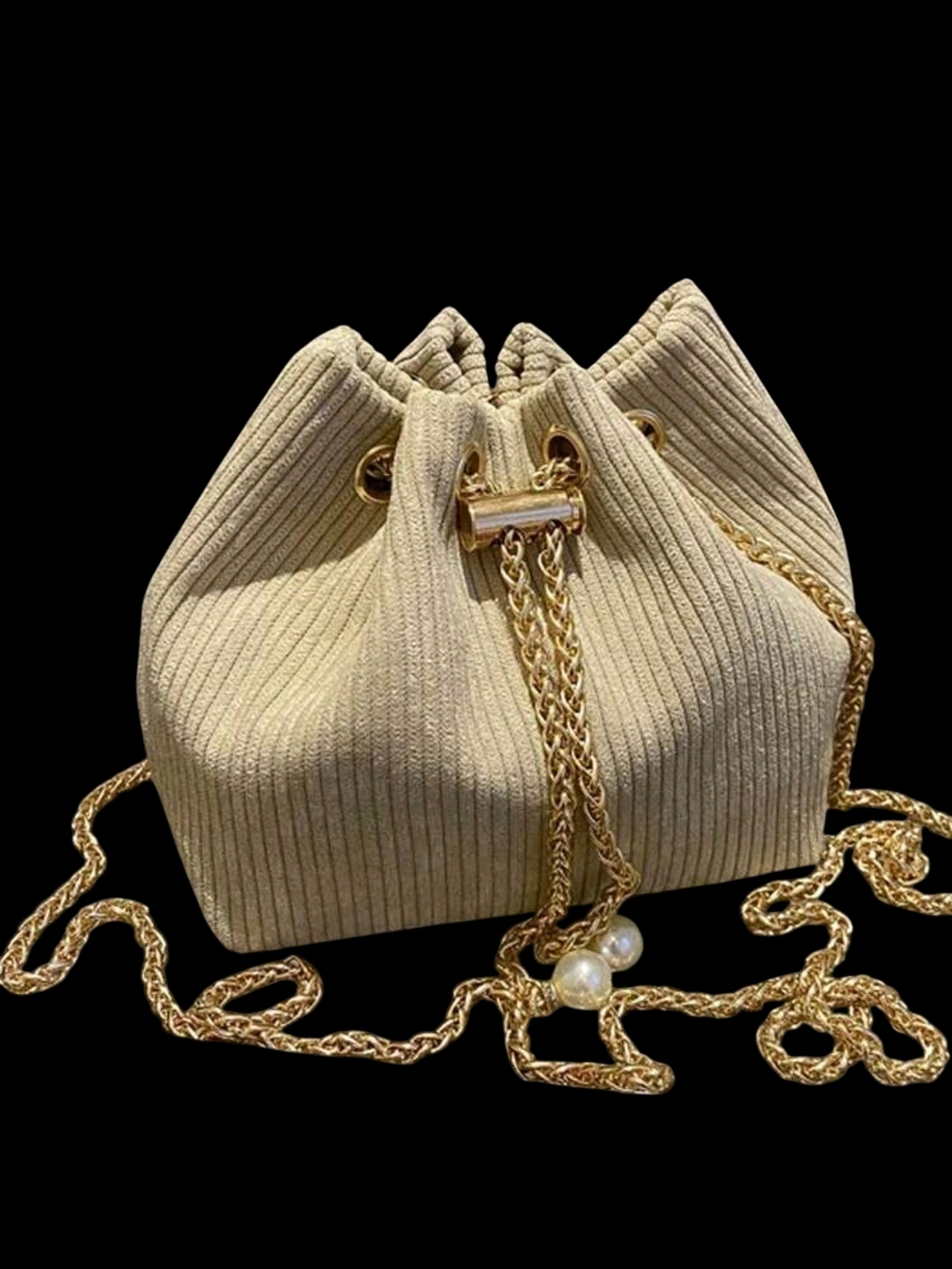 Source Unknown Beige Ribbed Drawstring Mini Bucket Bag with Gold Chain